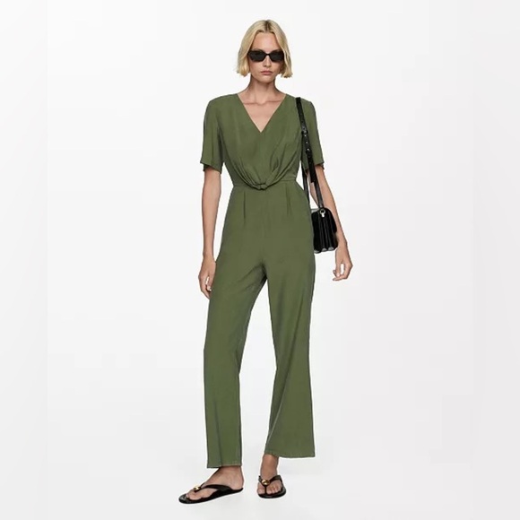 Mango Green Jumpsuit with Wrap V-Neck and Wide-Leg Pants - Picture 1 of 12
